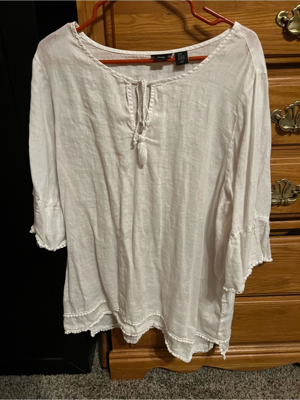 Tahari Soft Blush Peasant Top with Tassel Tie